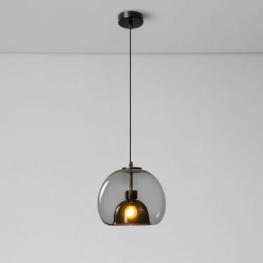 Imagem de YQSLQZZ Luminária pendente de vidro industrial, iluminação de mesa de cabeceira cinza fumo, luzes de teto suspensas, lustre de ilha de cozinha, barra de sala de jantar, altura ajustável, luz E27*1