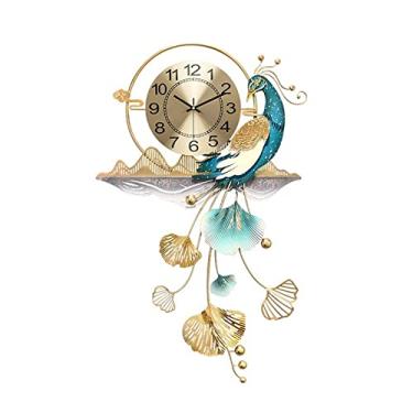 Imagem de ZYHSIJOBAS Relógio decorativo em forma de folha de pavão e ginkgo, relógio decorativo elegante para sala de estar, sala de jantar, relógio de parede de hotel