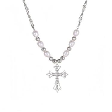 Imagem de SANQINGER Colar de pérolas com cruz para mulheres, corrente banhada a prata com pingente de cruz de strass, joia religiosa, presente para aniversário de amizade cristãos