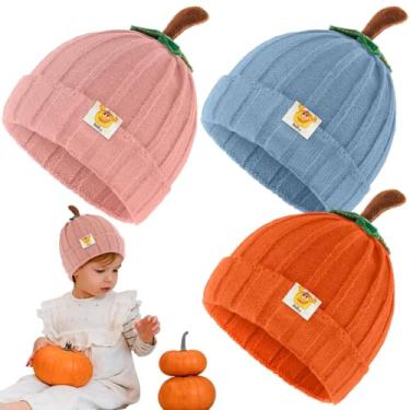 Imagem de Yearntown 3 Pcs Pumpkin Hat for Infant Kids Toddler Halloween Costume Knitted Beanie Winter Thick Orange Hat for Boys Girls(Medium,Orange, Pink, Blue)