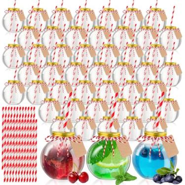 Imagem de Yaomiao Garrafas de plástico para clientes de 473 ml vazias para bebidas com tampas de alumínio e canudos de papel, enfeites de lâmpada esférica, copos para doces, centros de mesa, decorações de