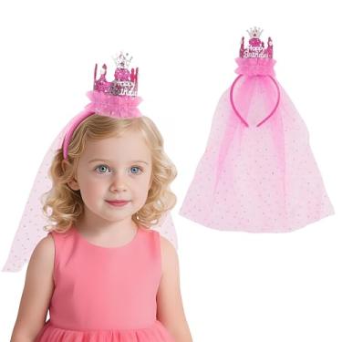 Imagem de CUBACO Tiara com coroa de aniversário para meninas, tiara de princesa, chapéu de aniversário com véu, faixa de cabelo com glitter, acessório de roupa de decoração de festa - rosa choque