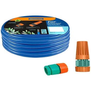 Imagem de Mangueira Flex Azul em PVC 2 Camadas para jardim 30 m com engate rosqueado e esguicho - Tramontina