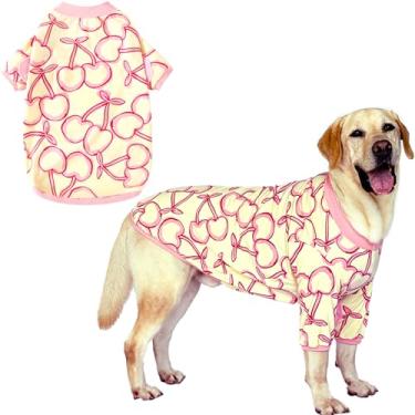 Imagem de PriPre Camiseta Dog Cherry rosa manga longa branca pijamas animais de estimação algodão macio roupas roupas para cães extra grandes, 2GG cereja