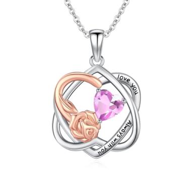 Imagem de WYDDO Colar de pedra de nascimento para mulheres, colar de coração infinito, pingente de flor rosa para mãe, joia de pedra de nascimento para a família, presente de aniversário de aniversário para