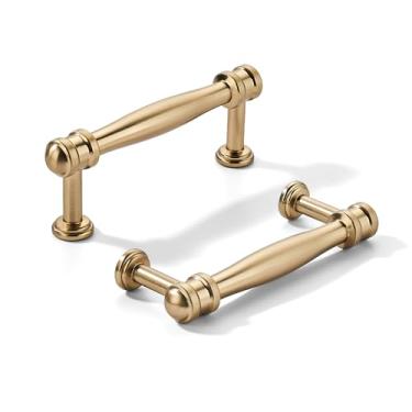 Imagem de khtumeware Pacote com 2 puxadores de armário de latão escovado central de 3 polegadas (76 mm), alça sólida para armário de cozinha resistente, ferragens de armário para penteadeira, puxador de