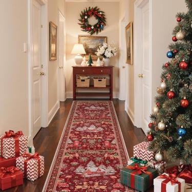Imagem de Tapete de corredor de Natal 5 x 25 cm, lavável na máquina, antiderrapante, tapete longo macio para decoração de férias, tapetes decorativos de casa para corredor, cozinha, quarto, estampa de Natal