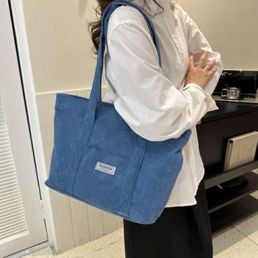 Imagem de Bolsa feminina de veludo cotelê, bolsa de ombro de lona com bolsos para viagem, trabalho, compras, academia, armazenamento mochila carteira, Azul - A, Large