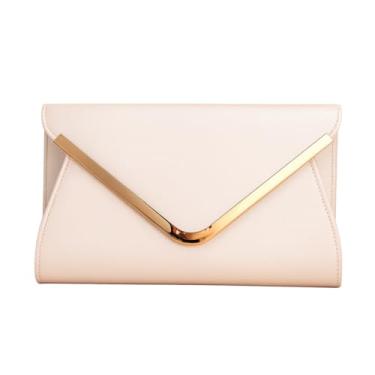 Imagem de Bolsa clutch de couro sintético bege – elegante bolsa de noite com detalhes em V dourado, perfeita para casamentos, festas ou eventos formais