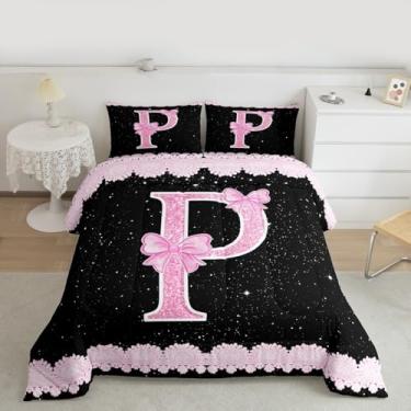 Imagem de Feelyou Conjunto de edredom com laço rosa para todas as estações, com 1 fronha, alfabeto, microfibra, para crianças, solteiro, princesa, glitter, edredom macio e leve
