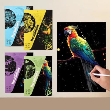 Imagem de 4 folhas/conjunto de papel artístico de raspar luminoso A5 com caneta de metal, revestimento preto espesso e revelação colorida para arte de viagem, artesanato em sala de aula, decoração de casa