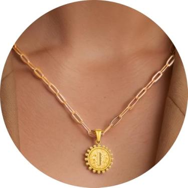 Imagem de Colar com pingente circular inicial A-Z, joia personalizada de aço inoxidável com bordas decorativas, adequado para mulheres, F, Aço inoxidável, Sem Pedra Preciosa