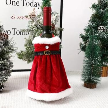 Imagem de Capa de garrafa de vinho de Natal de veludo, garrafa festiva reutilizável aconchegante com botões para jantares em família e presentes (vestido de Natal)