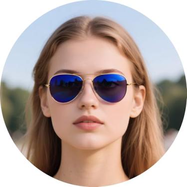 Imagem de Óculos de sol aviador com armação de metal unissex piloto clássico leve vintage retrô viagem dirigir praia óculos, Armação dourada, lente azul escura