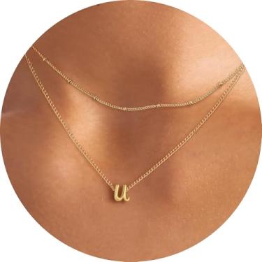Imagem de Colar feminino com inicial em camadas, pingente de letra A-Z, gargantilha de corrente dupla, joias delicadas em camadas, estilo minimalista, 14+2in/16+2in, Aço inoxidável, Sem Pedra Preciosa