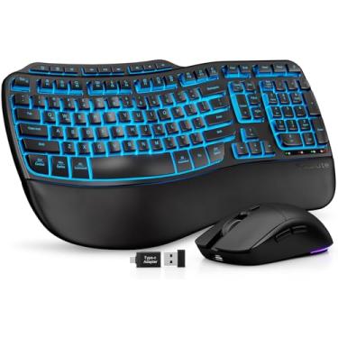 Imagem de Combo ergonômico de teclado e mouse sem fio, teclado recarregável com retroiluminação de 4000 mAh com um apoio de palma macio de pele de cordeiro sintética, teclas onduladas para digitação natural