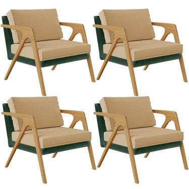 Imagem de Kit 04 Poltronas Decorativas Sala Estar Pietra L02 Facto Verde Musgo Linho Bege Escuro - Lyam Decor