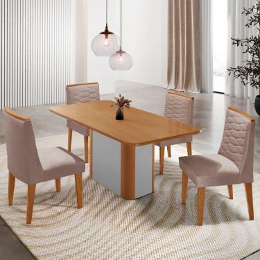 Imagem de Mesa De Jantar Isadora 120cm Tampo Mdf Laminado 4 Cadeiras Eloise Linho Capuccino Naturale Off White