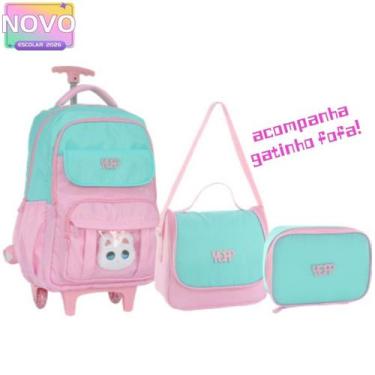 Imagem de Kit 3 em 1 Mochila Gatinho fofo com Rodinhas Bolsa Tiracolo Estojo Fem