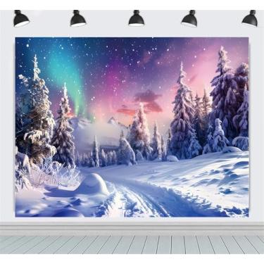 Imagem de ZhrGoflli Pano de fundo de floresta nevada de aurora de inverno para fotografia, tecido 3 x 2,4 m, Natal, inverno, país das maravilhas em tecido, decoração de festa banner