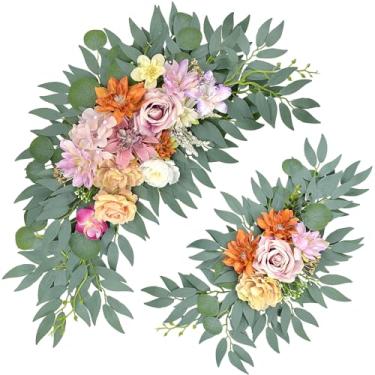 Imagem de Finphoon Conjunto de 2 flores artificiais de arco de casamento, flores artificiais roxas rosadas para decoração de arco de casamento, placas de boas-vindas, decoração de cenário de foto de recepção
