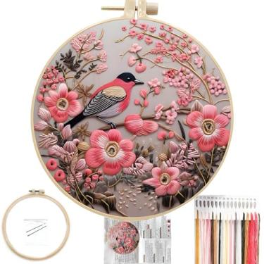 Imagem de FONNUY Kit de bordado para iniciantes, kits de padrões pré-estampados de flores de beija-flor para adultos com aro, bordado de linha colorida fácil de seguir, argola de 20 cm (rosa)