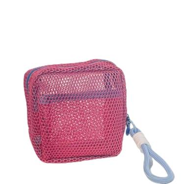 Imagem de Bolsa de cosméticos quadrada de malha colorida feminina portátil para fones de ouvido com batom, bolsa de armazenamento de guardanapos higiênicos, pequenos sacos de maquiagem com zíper (vermelho)