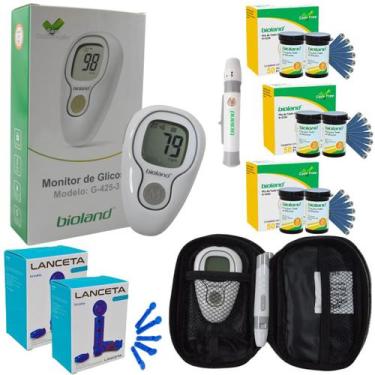 Imagem de Kit Glicose Aparelho Glicemia Bioland 150 Tiras 200 Lancetas