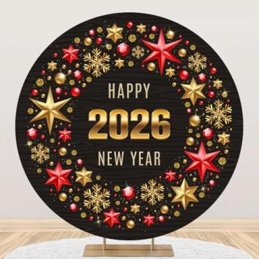 Imagem de DORCEV 2,2 x 2,2 m, Feliz Ano Novo 2026, capa de fundo redondo, lantejoulas douradas, bolas de Natal, estrelas, contagem regressiva para o ano novo, flocos de neve de inverno, Natal, véspera de ano