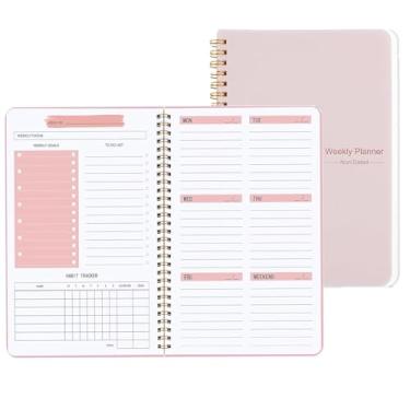 Imagem de Agenda semanal sem data, caderno de 52 semanas para fazer na lista A5, agenda semanal com encadernação em espiral e adesivos, material escolar para mulheres e meninas, 20 x 14,5 cm