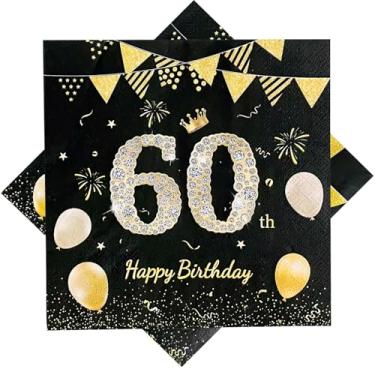 Imagem de Guardanapos de aniversário de 60 anos, 40 peças, preto e dourado, celebração de 60 anos, decoração de festa, guardanapo, decoração de mesa de aniversário, suprimentos de festa, guardanapos de noite