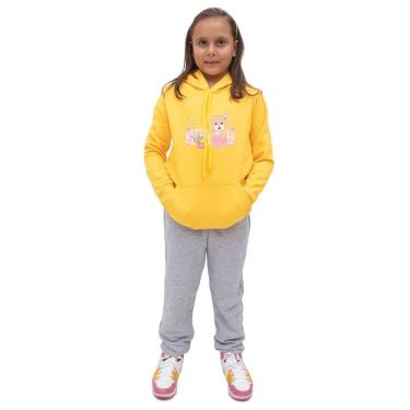 Imagem de Kit de Blusa e Calça Moletom Infantil Menina Estampa Urso e Flores Costuras Reforçadas Inverno
