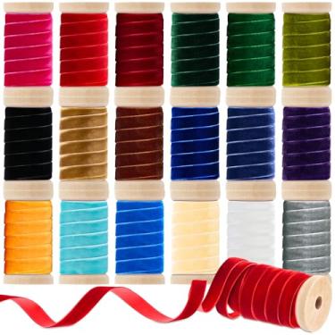 Imagem de Chuangdi 18 rolos de fita de veludo de Natal 9,5 cm x 90 m rolo de fita de veludo fino de madeira fitas de tecido para guirlanda de Natal, enfeites de artesanato, laços de embrulho de presente de