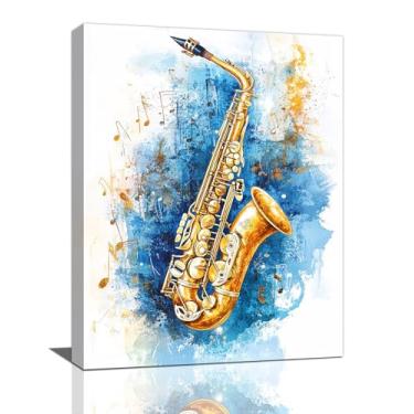Imagem de Olivine Arte de parede com tema musical, decoração de parede de imagens de instrumentos musicais jazz, impressão em tela de pintura de saxofone aquarela, arte emoldurada para banheiro, quarto, sala de