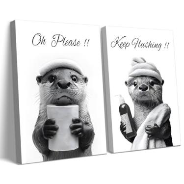 Imagem de 2 peças de arte de parede de banheiro de lontra fofa animal engraçado decoração de parede de banheiro preto e branco imagens impressões em tela moderna banheiro humor pintura decoração de parede