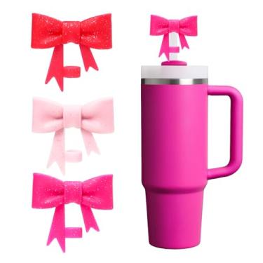 Imagem de 3 capas de palha com glitter para copo Stanley, topo de canudo de laço de 10 mm, tampa de silicone para copos de 850 g e copos de 1,134 g, acessórios de copo presente para mulheres (rosa vermelha +