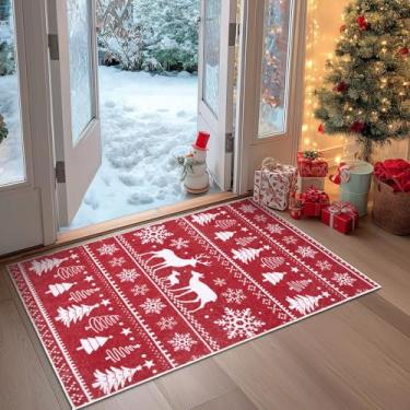 Imagem de Acetiamin Tapete de Natal lavável à máquina 5 x 7 cm, tapete de entrada de Natal pequeno antiderrapante para porta da frente, tapete de porta interior de pilha baixa para entrada, quarto, sala de
