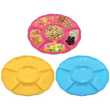 Imagem de CAOXIAOXUYAO Bandejas redondas de plástico de 30,5 cm com 3 unidades, 6 pratos secionais para servir pratos de comida para doces, nozes, vegetais, frutas, ação de graças (3, vermelho rosa, azul