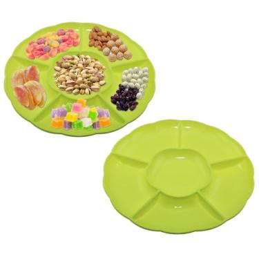 Imagem de CAOXIAOXUYAO Bandejas redondas de plástico de 30,5 cm com 2 unidades, 6 pratos secionais para servir pratos de alimentos para doces, nozes, vegetais, frutas, dia de Ação de Graças (2, verde maçã)