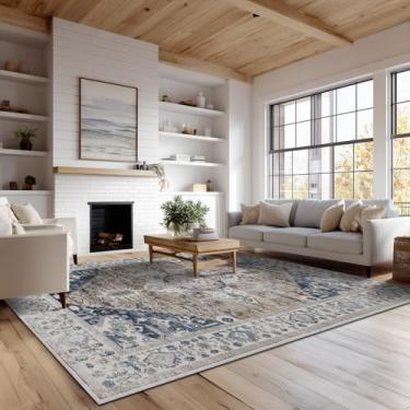 Imagem de Tapetes laváveis 12 x 18 cm para sala de estar, tapete fino para quarto, tapete retrô de lã sintética macia para sala de jantar, antiderrapante e resistente a derramamentos, tapete vintage estampado