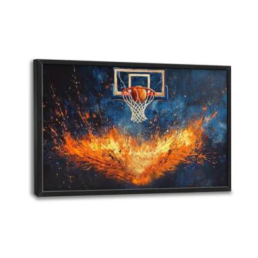 Imagem de Arte de parede de basquete, cesta de basquete e decoração de parede, pintura impressa em tela esportiva grafite, arte emoldurada moderna grande para quarto de menino, sala de estar, quarto, escritório