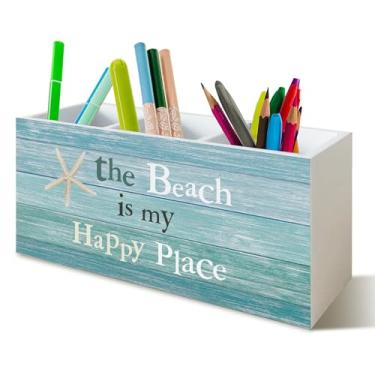 Imagem de YTRGI Suporte de caneta de praia para decoração de mesa de cozinha, escritório em casa, decoração de mesa, the Beach Is My Happy Place, suporte de lápis de madeira, organizador de sinalização para