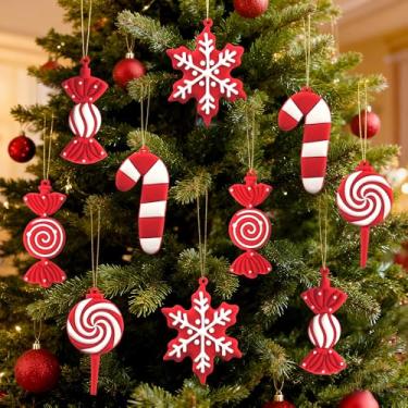 Imagem de 10 peças de enfeites de pirulito de bengala doce de Natal vermelho, pingentes para decoração de árvore de Natal festiva de ano novo para festas de fim de ano e artesanato DIY