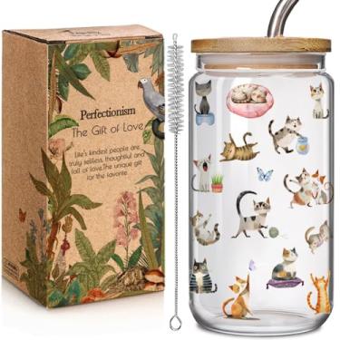Imagem de Copos de vidro engraçados para gatos com tampas e canudos, presentes para amor, gatos, mulheres, meninas, presentes fofos e legais para amantes de gatos, acessórios de decoração, donos de gatos