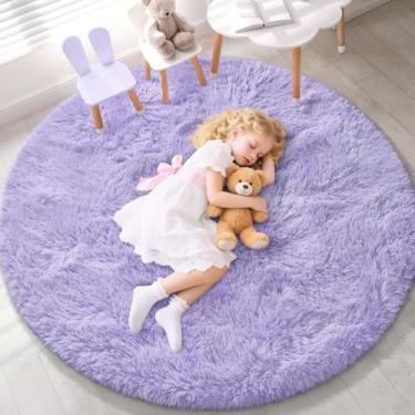 Imagem de EVOIONOS Tapete redondo roxo lavanda para quarto, 1,2 x 1,2 m, tapetes macios e fofos, círculos, sala de estar, tapete circular felpudo de pelúcia, piso interno, cabeceira, berçário, lavável à máquina