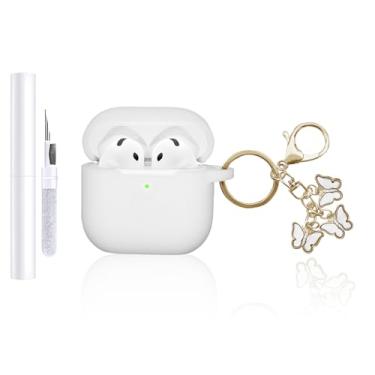 Imagem de AZGYIAI Capa compatível com Apple AirPods 4ª geração (2024), capa de silicone macio para AirPods 4 com chaveiro borboleta e kit de limpeza para meninas e mulheres (branca)