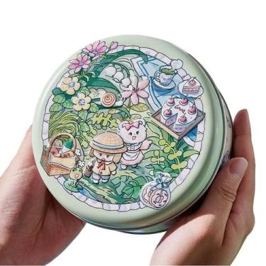 Imagem de Caixa de presente pequena de metal redonda de 13,5 x 7 cm com tampa pa