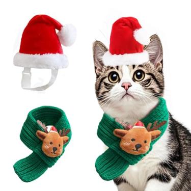 Imagem de JAAQUCD Chapéu de Natal e cachecol para cães pequenos, cachecol vermelho de malha com Papai Noel, acessórios para fantasia de Natal, roupa de gato de Natal, chapéu de Papai Noel, para gatos, gatinhos