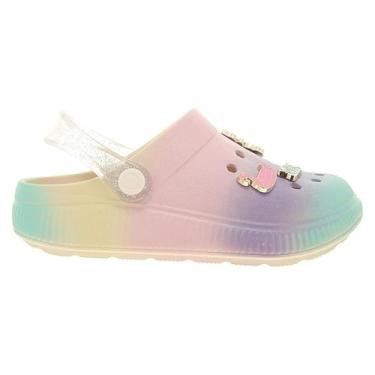 Imagem de Molekinha Infantil Arco-Íris Clog, Glitter com Pins, Tamanho 33/34, Material à Prova D'água, Casual, Tira no Calcanhar, Colecionável