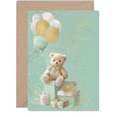 Imagem de Cartão unissex Gold New Baby para sobrinha - balões de presentes de ursinho de pelúcia - Cartão de parabéns bem feito para nova sobrinha, cartões dourados de boas-vindas ao mundo 12 x 17 cm